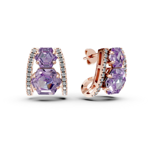 Rose <b>Gold</b> Plated Amethyst Stud Earrings With Round Diamond Accents Geometric Luxury Design For Women Party Jewelry - Product Image 3
