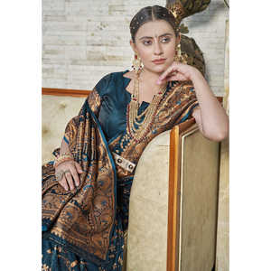 ชุดส่าหรีผ้าไหมบาเนราสี จาล คาตัน ซารีวูเวน สำหรับผู้หญิง สีน้ำเงินเข้ม ลายทอแบบเอลีท วีฟส์ พร้อมชุดซ - Product Image 2