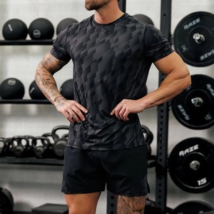 Men's Geometric <b>Pattern</b> Quick Dry Sporty T-Shirt Short Sleeve O-Neck Slim Fit Polyester <b>Knitted</b> Workout Top - Product Image 1