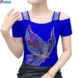 Camiseta de Mujer con Hombros Descubiertos, Manga Corta, Color Sólido, Adorno de Mariposa con Pedrería, Cuello Cuadrado, Corte Ajustado, Transpirable, Tejido de Punto, para Verano - Product Image 6