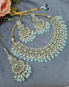 Conjunto de collar de piedra con corte radiante y pendientes a juego, y mangtika, chapado en oro antiguo, joyería étnica de moda al por mayor - Product Image 4