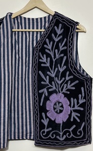 Handmade 100% Cotton Velvet Breathable Vintage Boho Unisex Ethnic Sleeveless Floral Embroidery Open Front Indian All Season <b>Vest</b> - Product Image 5