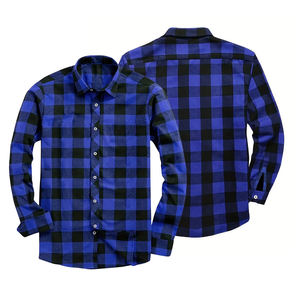 Best Quality Men's Blue Black Box Flannel Shirt Knitted Breathable Eco-Friendly Casual Long Sleeve <b>Button</b> <b>Turn</b> Collar Streetwear - Product Image 4