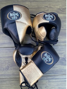 No Boxing No Life Boxing <b>Gloves</b> Headgear Set Black Gold Leather Lace-Up Adjustable Wrist Strap Adult Boxing Gear - Product Image 2