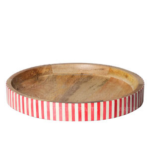 Bone Inlay Red and <b>White</b> Round Tray Handmade Vintage Serving Wooden Tray Home <b>Kitchen</b> <b>Table</b> Decoration Stripe Design Tray - Product Image 1