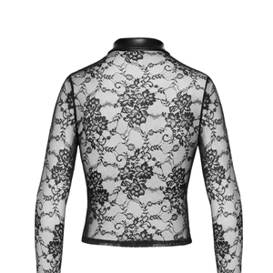 Body de encaje negro transparente para mujer, top corto de manga larga con puños y cuello de cuero PU, lencería sexy - Product Image 4
