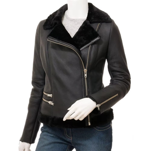 Women's Genuine Leather Moto Jacket With Fur Trim Zipper Closure Winter Warm Biker Style Full Sleeve - Product Image 1