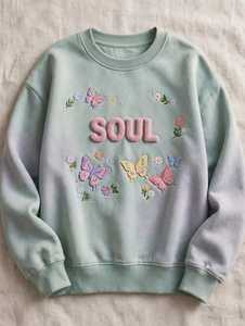 Sudadera Oversize Verde Pastel para Mujer con Cuello Redondo, Bordado 3D de la Letra SOUL, Felpa de Algodón Antipilling y Mangas Caídas - Product Image 1