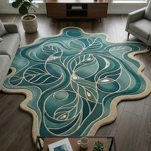Alfombra Moderna de Hojas Abstractas Color Verde Azulado, Forma Novedosa, Felpa, Antideslizante, para Sala de Estar, Decoración del Hogar, Dormitorio - Product Image 5