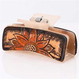 Pinza para el pelo artesanal de metal y cuero estilo western con turquesa y flores pintadas a mano, accesorios para el cabello estilo vaquera para mujer - Product Image 3