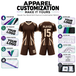 Conjunto de Camiseta de Fútbol Sublimada Personalizada, Color Marrón Beige, Diseño Geométrico a Rayas, Cuello en V, Manga Corta, Absorbe la Humedad, para Hombre Adulto, 100% Poliéster - Product Image 5