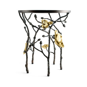 Mesa tapizada de lujo Saleem International 2026 con base decorativa de hoja de ginkgo en metal dorado para entrada o dormitorio - Product Image 2