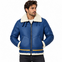 Blouson aviateur en cuir véritable bleu pour homme, col rabattable en sherpa, fermeture éclair, respirant, écologique, manteau d'hiver