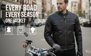 Blouson de moto unisexe personnalisable en cuir de buffle naturel avec protection CE, ventilation, noir, hiver, style cruiser - Product Image 6