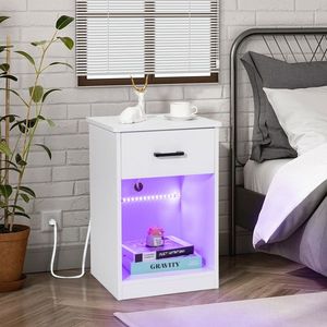 Comodino in truciolato bianco con LED, 1 cassetto e presa, 40x35x60cm - Product Image 1