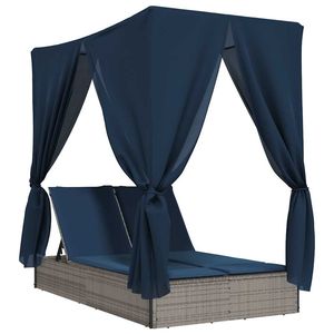 Chaise longue double avec toit et rideaux en polyrotin gris, mobilier d'extérieur durable - Product Image 2