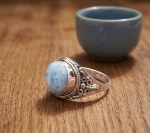 Natural Larimar Statement <b>Ring</b> <b>925</b> Sterling <b>Silver</b> Vintage Filigree Handmade Gemstone <b>Ring</b> Women Jewelry Gift for Men Unisex Her - Product Image 5