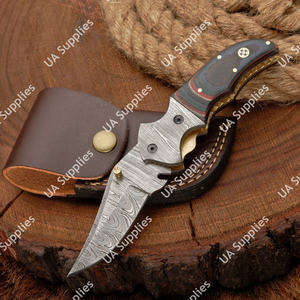 Cuchillo Plegable de Acero de Damasco de Lujo Personalizado - Mango de Micarta Exótica con Detalles de Latón, Cuchillo de Bolsillo EDC, Funda de Cuero, Venta al por Mayor - Product Image 6