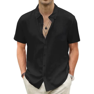 Men's Lightweight Cotton Linen <b>Hawaiian</b> Shirts Breathable Short Sleeve Casual Summer <b>Tops</b> for Beach Vacation Solid Pattern - Product Image 3