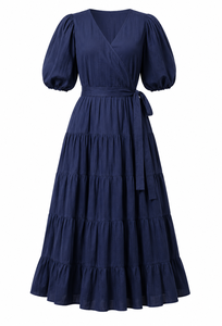 Robe longue bohème premium en coton et lin pour femme, écologique, respirante, bleu marine, été, col en V flatteur, taille à nouer - Product Image 2