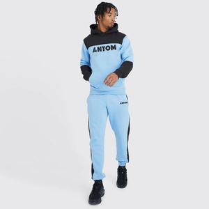 <b>Men's</b> Light Blue Black Panel Winter Hooded Tracksuit Set 100% Cotton Breathable Bold Chest Print Jogger Pants Side Stripe - Product Image 2