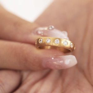 Wholesale 2.3mm Old European Cut Lab Grown Diamond 18K Solid Yellow <b>Gold</b> <b>Ring</b> Luxury Matte Brushed Flush <b>Set</b> Full Eternity Band - Product Image 1