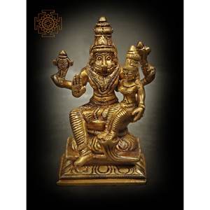 Ídolo Bhagawan Narasimha de 4 pulgadas hecho a mano con escultura Devi Lakshmi en latón para regalar hecho en India - Product Image 1