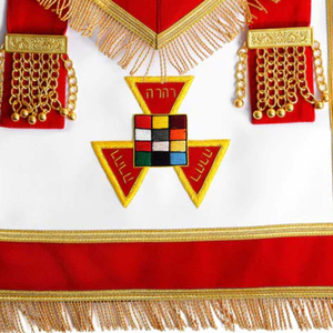 Red Leather Masonic Apron with Gold Fringe Embroidered Symbol Solid Color Formal Men's Luxury Lodge Regalia <b>Sew</b>-On Safety <b>Pin</b> - Product Image 2