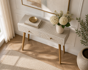 Table console moderne en os incrusté, avec deux tiroirs, table d'entrée, table de canapé, bureau d'appoint à structure en bois pour salon et hôtel - Product Image 3