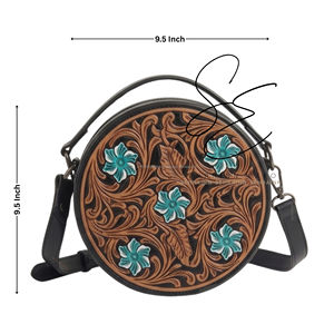 Boho Turquoise Floral <b>Tooled</b> <b>Leather</b> Canteen Bag Black Round Crossbody Purse Genuine <b>Leather</b> Women - Product Image 3