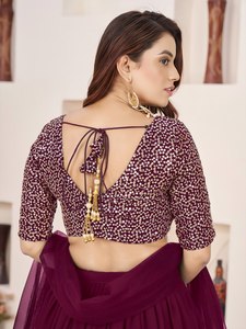 Burgundy Georgette Lehenga Choli Set Zari <b>Sequin</b> Embroidered <b>Flared</b> Skirt and Crop Top for Wedding Party - Product Image 4
