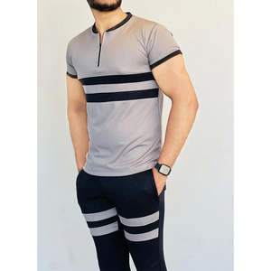 Ensemble Athleisure Rayé pour l'Été : Chemise Demi-Zip et Joggers Slim avec Bandes Contrastantes – Survêtement en Coton pour Homme - Product Image 4