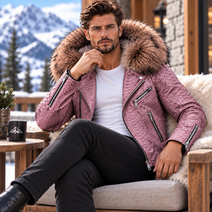 <b>Men's</b> High Quality Python Leather Motorcycle Jacket Fox Fur Hood Designer Biker <b>Coat</b> | Herren Lederjacke | Chaqueta Hombre Cuero - Product Image 6