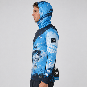 Sweat à capuche de pêche unisexe F2 WIN, impression par sublimation, UPF 50, séchage rapide, respirant, manches longues, chemise de performance, motif bleu sur le devant - Product Image 3