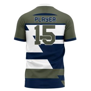 Maillot de football vert olive et blanc à manches courtes avec détails bleu marine, respirant, uniforme d'équipe pour l'entraînement et les matchs - Product Image 2