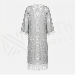 Women's Floral <b>Lace</b> <b>Kimono</b> With Fringe Hem V-Neck Open Front Bathrobe Breathable Lightweight Cover Up For Beach Or Lounge Wear - Product Image 2