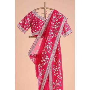 DESIGNER ORGANZA SOIE SEQUENCE BRODERIE TRAVAIL SAREE AVEC CHEMISIER NON COUDU ROSE - Product Image 1