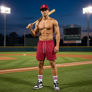 กางเกงขาสั้นเบสบอลผู้ชายสไตล์ไฮสตรีทสุดเทรนดี้ ผ้าโพลีเอสเตอร์/คอตตอน ระบายอากาศได้ดี แห้งเร็ว เอวสูง ปิดด้วยยางยืด - Product Image 5