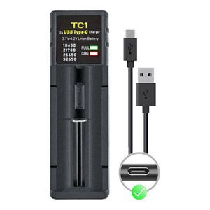 Cargador de batería de litio de una sola ranura USB C ZEROBEAM para baterías recargables de 21700, 18650, 26650, Li-ion y NiMH con protección. - Product Image 1