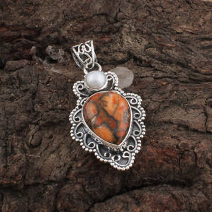 Collar con Dijes de Piedras Preciosas de Ostra Espinosa, Unisex, al por Mayor, con Engaste Vintage de Plata de Ley 925, Turquesa, Cobre Naranja y Perla - Product Image 4