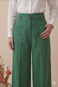 Robe d'été en coton pour femme, pantalon large en lin vert taille haute avec ceinture et poches, coupe ample, tissu respirant, pour usage quotidien - Product Image 4
