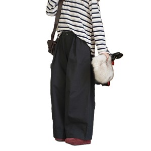 Pantalones de cintura alta para mujer, de pierna ancha, de color liso, de lona, holgados, largos, informales, de otoño, con cintura elástica y bolsillos - Product Image 4