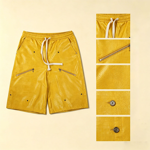 Men's Yellow PU Coated Bermuda <b>Shorts</b> Mid Waist Drawstring Casual Style With Zippers Breathable Fabric - Product Image 5