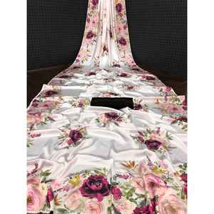 DISEÑADOR DE SEDA SUAVE CON ESTAMPADO DIGITAL SAREE CON BLUSA SIN COSTAR BLANCO - Product Image 1