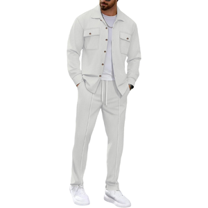 Men's White <b>Knitted</b> Stand Collar Long Sleeve Top And Pants <b>Set</b> Casual Autumn Wear - Product Image 1
