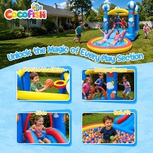 Château gonflable pour enfants sur le thème de la montgolfière Cocofish, en tissu Oxford, avec toboggan, fosse à balles ronde, équipement de jeu pour fête d'enfants - Product Image 3