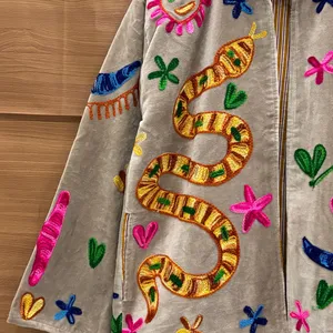 Luxury Khaki <b>Velvet</b> Embroidered Suzani <b>Jacket</b> With Snake Floral Pattern Full Sleeve Stand Collar Handmade Bohemian Winter Coat - Product Image 6