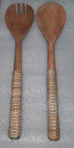 Acacia Wood Salad <b>Server</b> Set with Rattan Weaving Handles Large Commercial Kitchenware for <b>Food</b> Serving - Product Image 2