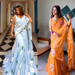 Sari indien en faux georgette à imprimé floral avec impression numérique et entièrement cousu, léger, pour femmes, élégant, drapé, pour les occasions de fête - Product Image 5