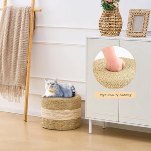 Poggiapiedi in Erba Marina Naturale Intrecciata Fatto a Mano, Pouf Quadrato in Acciaio Inossidabile per Arredamento Casa e Seduta - Product Image 5